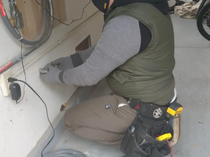 Electrician performing outlet wiring in a Terrytown garage